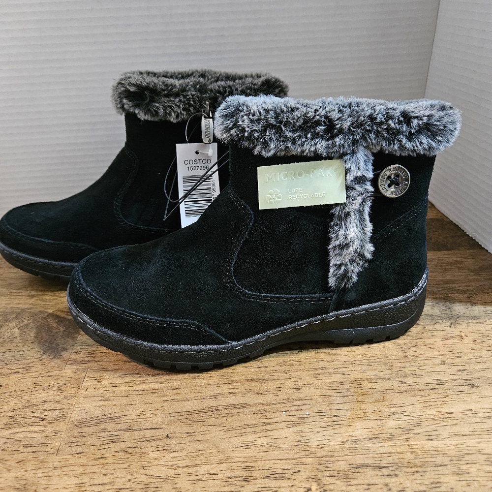 Khombu Women's Black Faux Suede Ankle Boots with Faux Fur Trim Sz 6